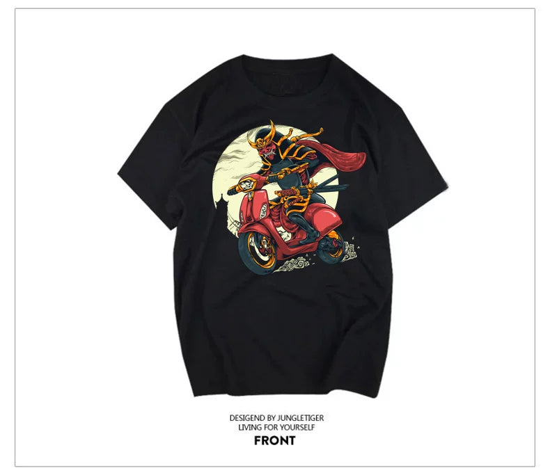 Japanese retro trend brand ukiyo-e motorcycle tattoo port style heavyweight samurai short sleeved men's t-shirt ins pure cotton trend