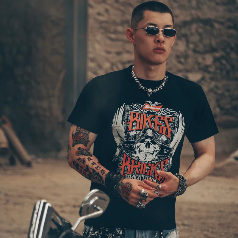 Original European and American retro street fashion brand Gothic style skull men's rock personality exaggerated street style short sleeved t-shirt