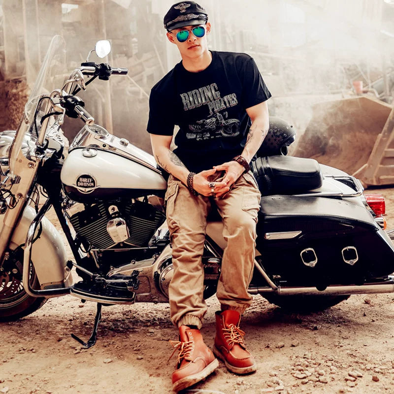 Heavy duty pure cotton American retro short sleeved Tee men's MotorRock motorcycle party trendy short sleeved plain clothes loose T-shirt