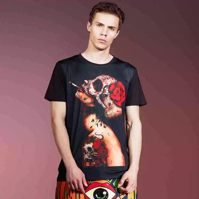 European and American New Dark Gothic Trendy Brand Beauty Skull Personalized Printed Men's Short sleeved Round Neck T-shirt Loose Summer