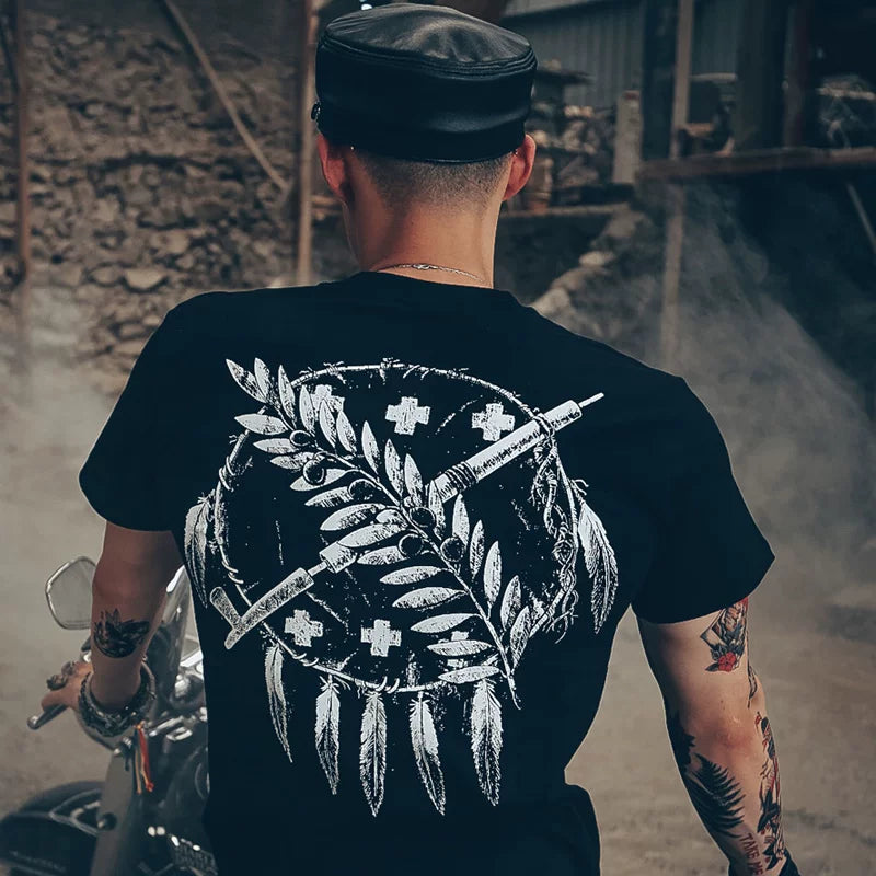 American Amikaji Motorcycle Wind Motorcycle Rider Native American Primitive Retro Eagle Feather Crown Short sleeved T-shirt Male