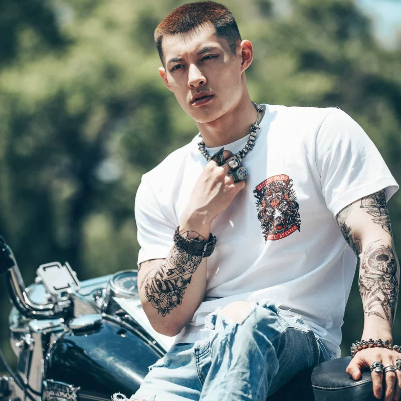 European and American Heavy Motorcycle T-shirt Men's Retro Rock Band Punk Short sleeved Motorcycle Club Wolf Totem Back Pattern