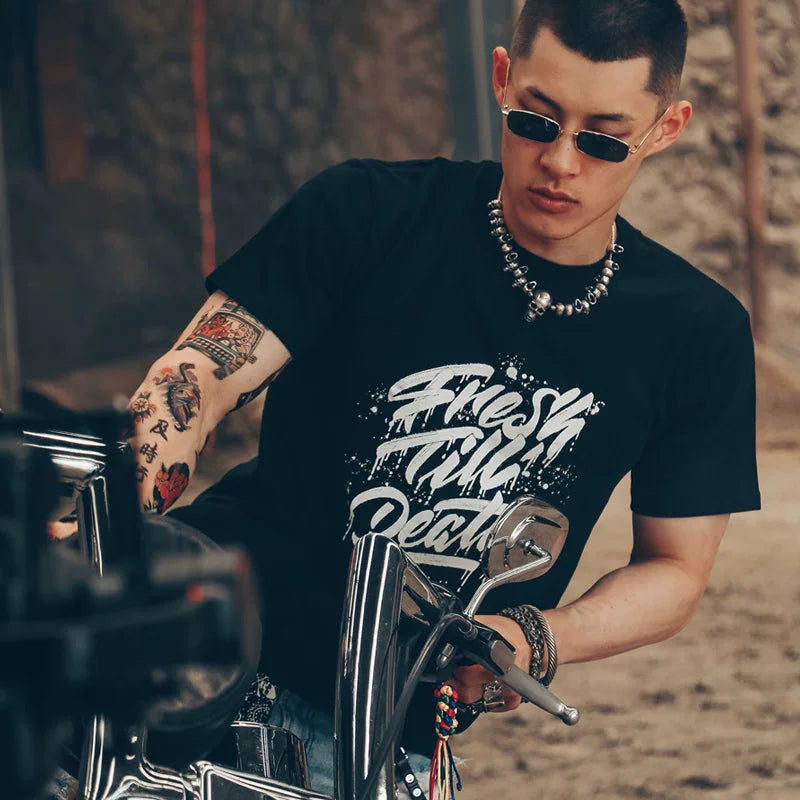 European and American trendy heavy metal rock band retro punk black short sleeved T-shirt motorcycle equipment loose print men