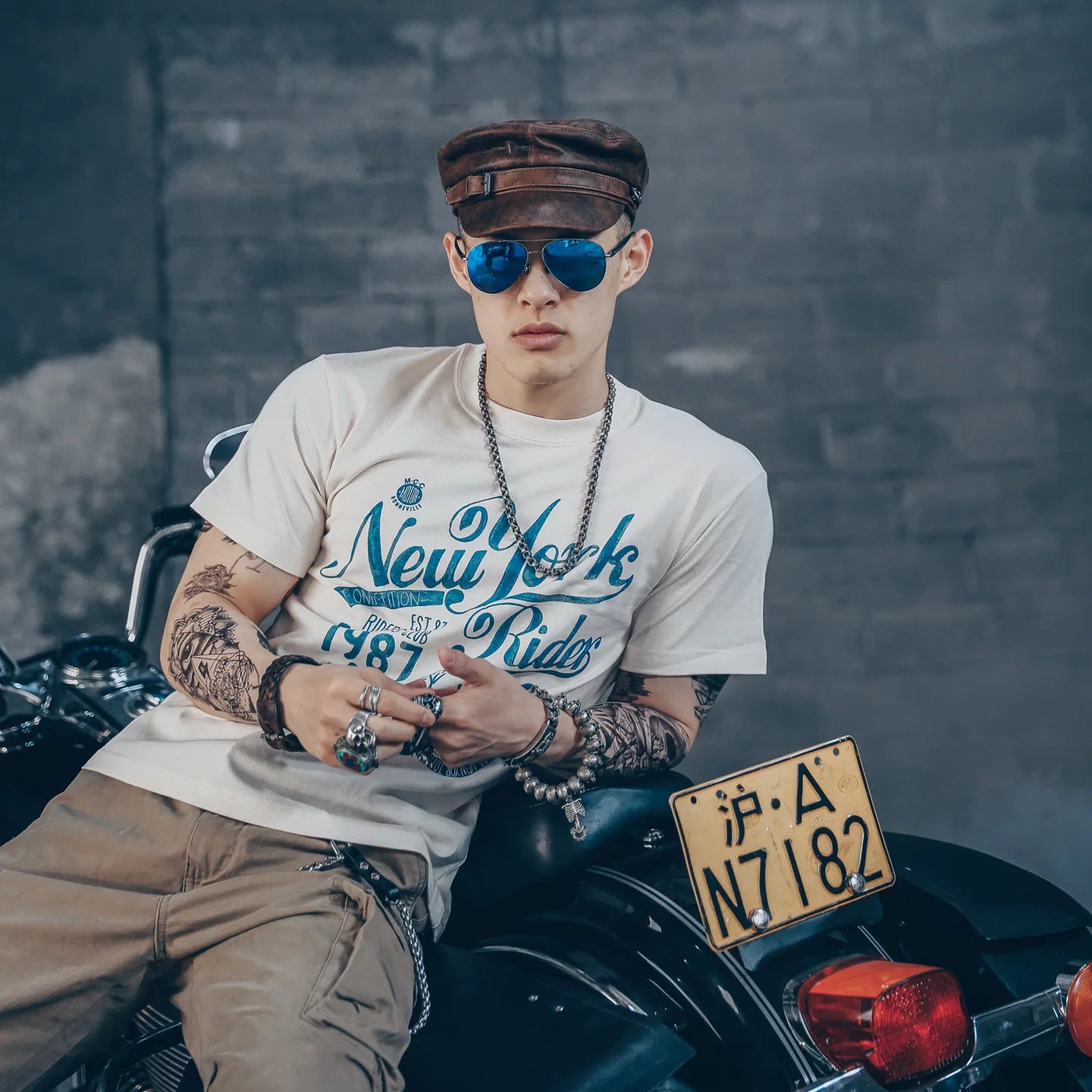 Amikaji American retro Japanese heavyweight pure cotton rock motorcycle T-shirt short sleeved men's European and American punk street TEE