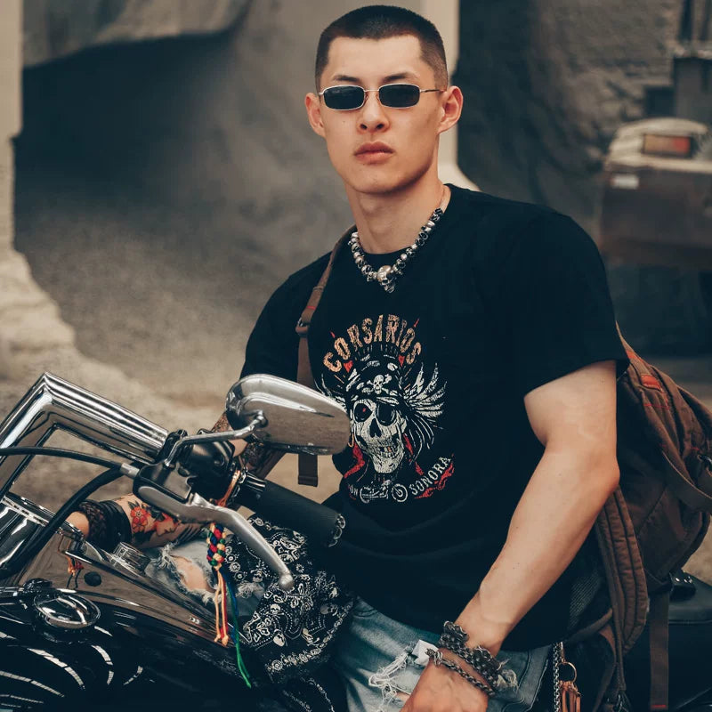 European and American original street retro vintage washed short sleeved T-shirt with personalized crack pattern skull pirate ship print