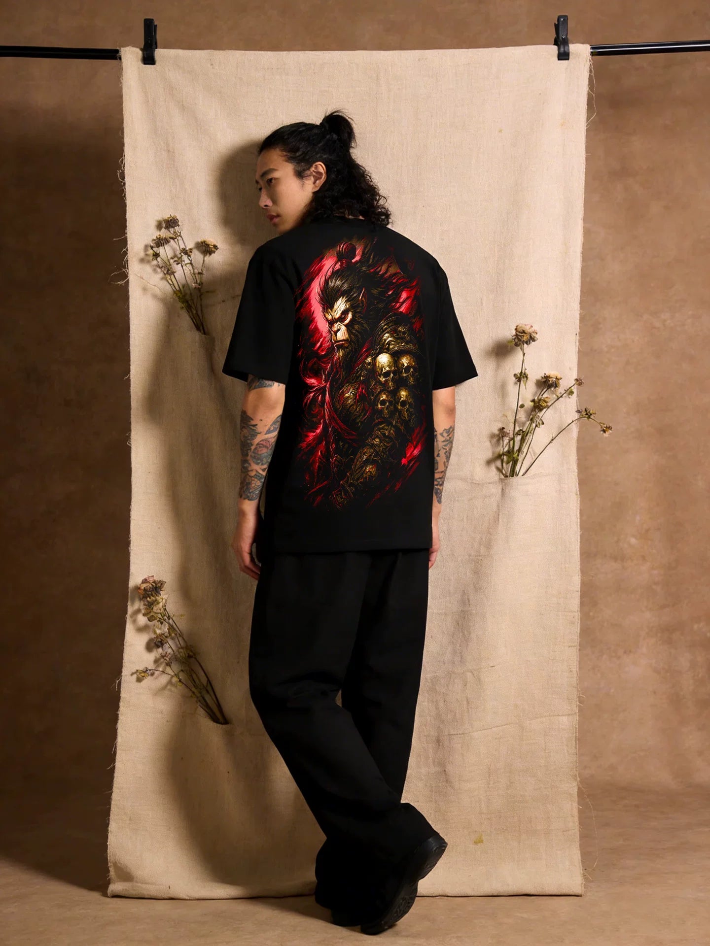 Dark 3D Animation Myth Wukong Printed Short Sleeve T-shirt Black Loose Heavy Weight Cotton Traditional China-Chic