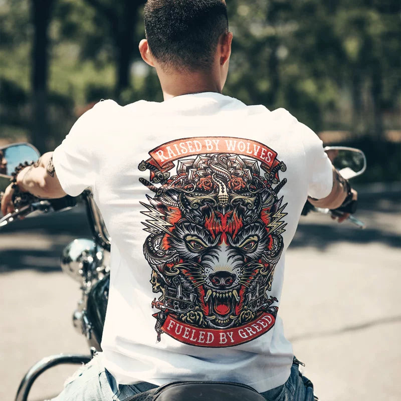 European and American Heavy Motorcycle T-shirt Men's Retro Rock Band Punk Short sleeved Motorcycle Club Wolf Totem Back Pattern