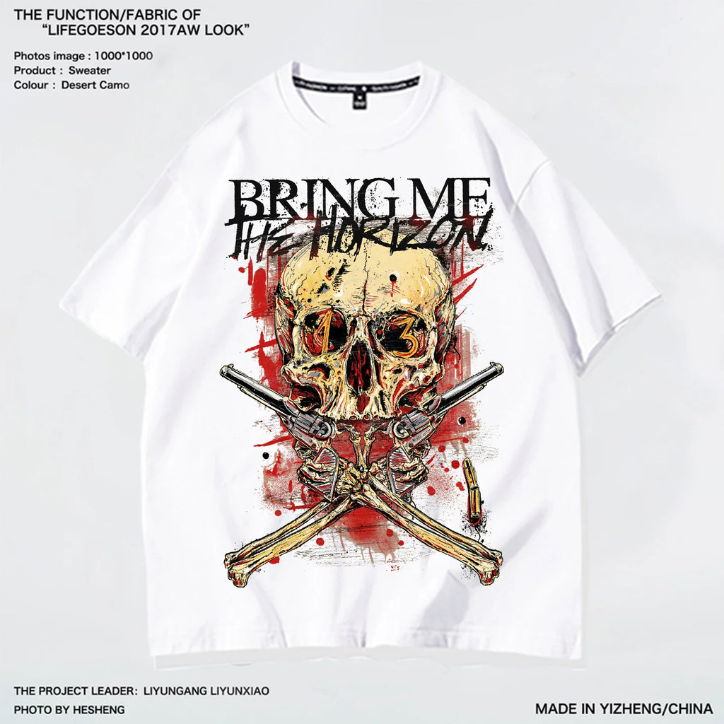 European and American hardcore heavy metal punk skeleton rock band street printed T-shirt heavy cotton loose fit plus size men