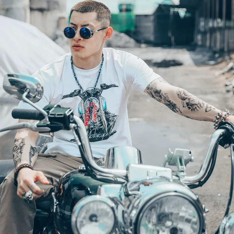 European and American retro Korean version retro ulzzang trendy brand off-road motorcycle motorcycle half sleeved pure cotton short sleeved T-shirt male personality