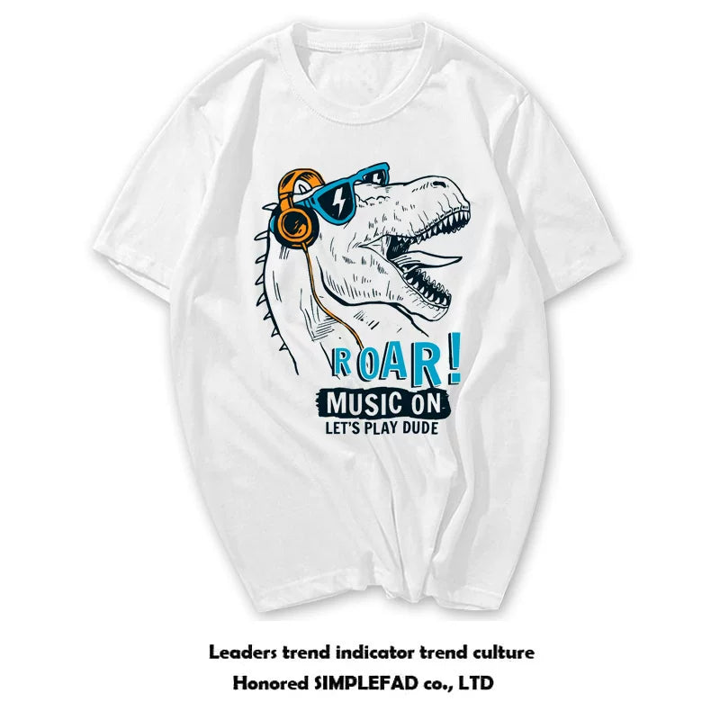 European and American men's short sleeved trendy brand t-shirt, retro casual original style dinosaur, some music buddy, high street cartoon couple