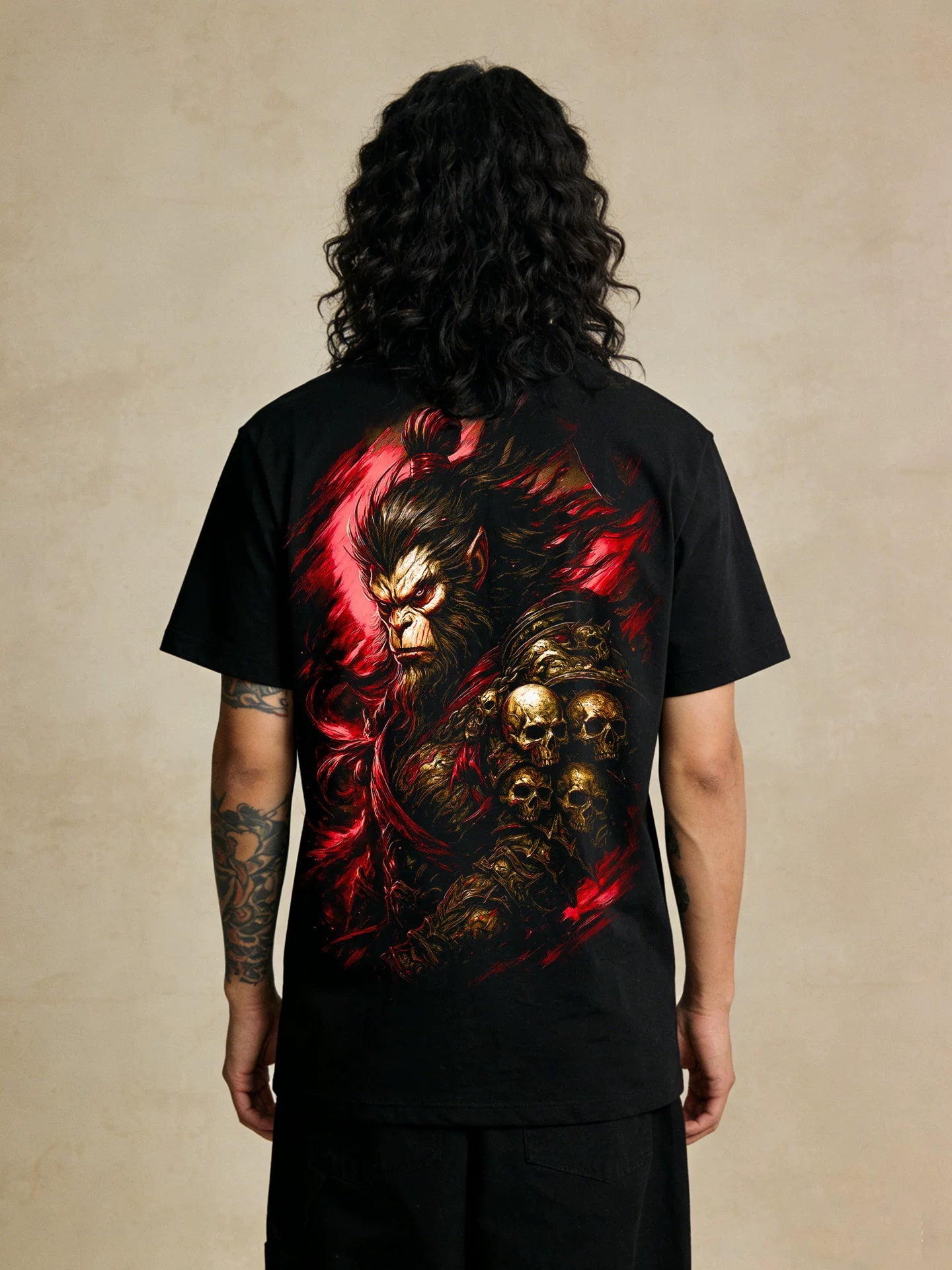 Dark 3D Animation Myth Wukong Printed Short Sleeve T-shirt Black Loose Heavy Weight Cotton Traditional China-Chic