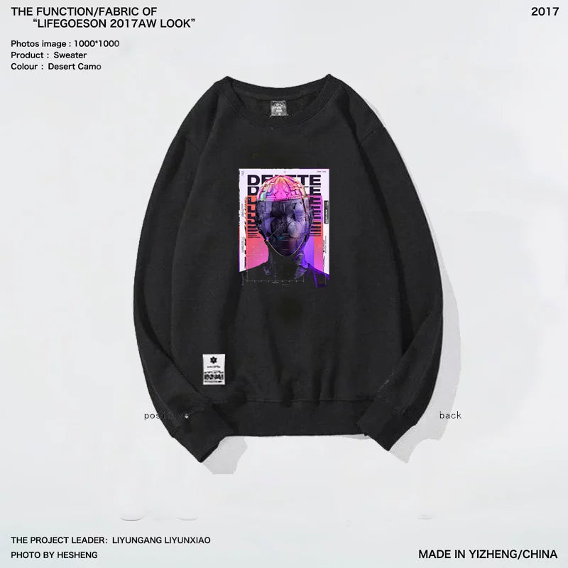 European and American trendy round neck hoodie, dark rock, skull punk, retro cyberpunk style, men's velvet print, vintage