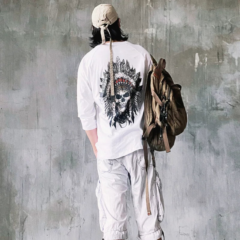 Japanese retro seven quarter sleeved t-shirt with half sleeves, Ins trendy loose rock Indian skull print base top