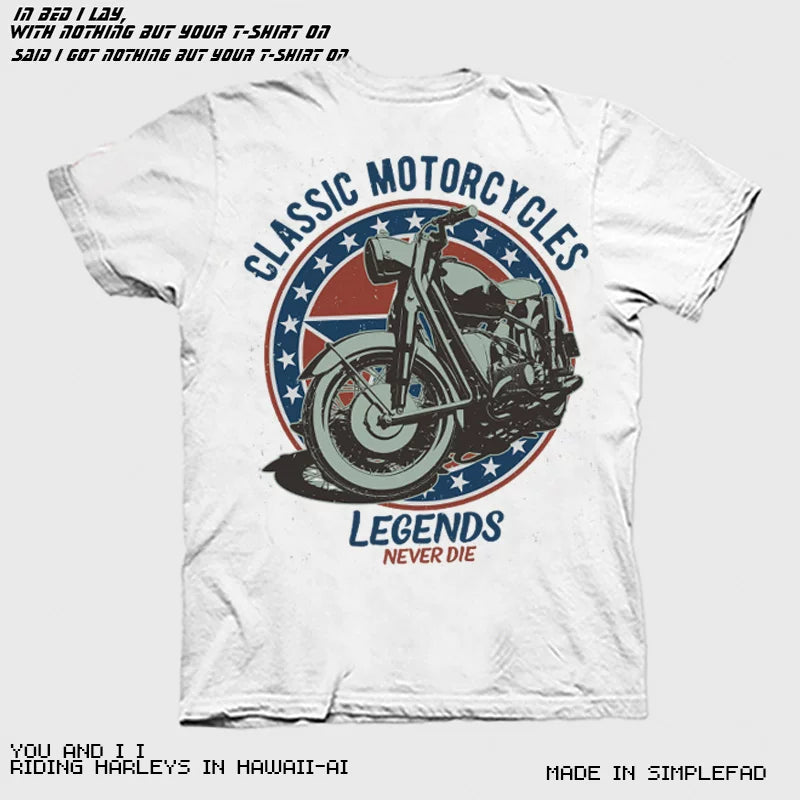 Heavy duty nostalgic short sleeved T-shirt for men in summer, made of pure cotton with retro motorcycle printing, featuring a shoulder round neck and half sleeved T-shirt for men