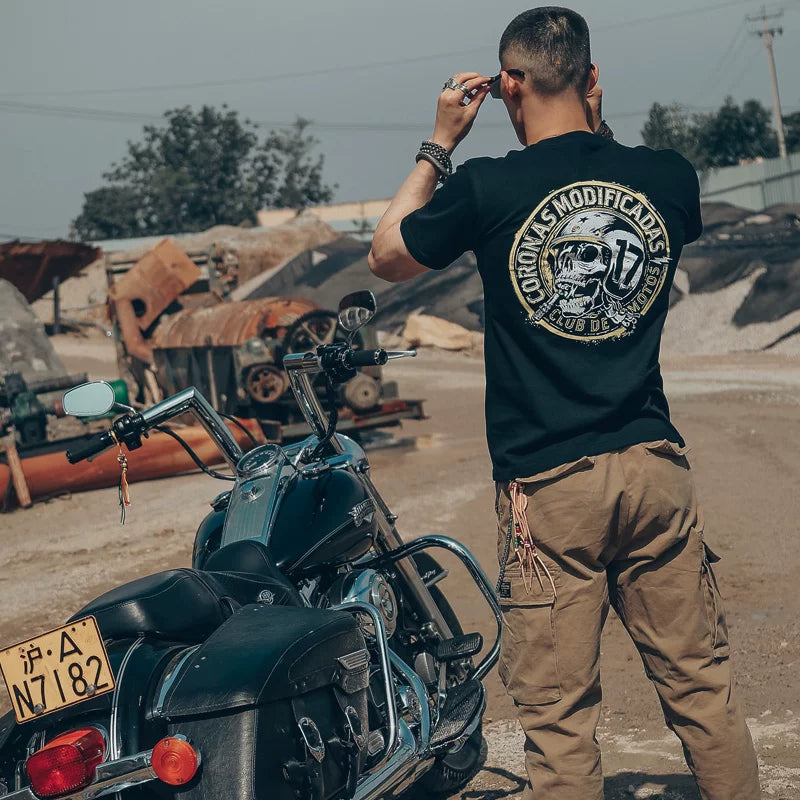 American retro short sleeved T-shirt for men, Amikaji motorcycle, heavyweight men, skull, heavy metal rock