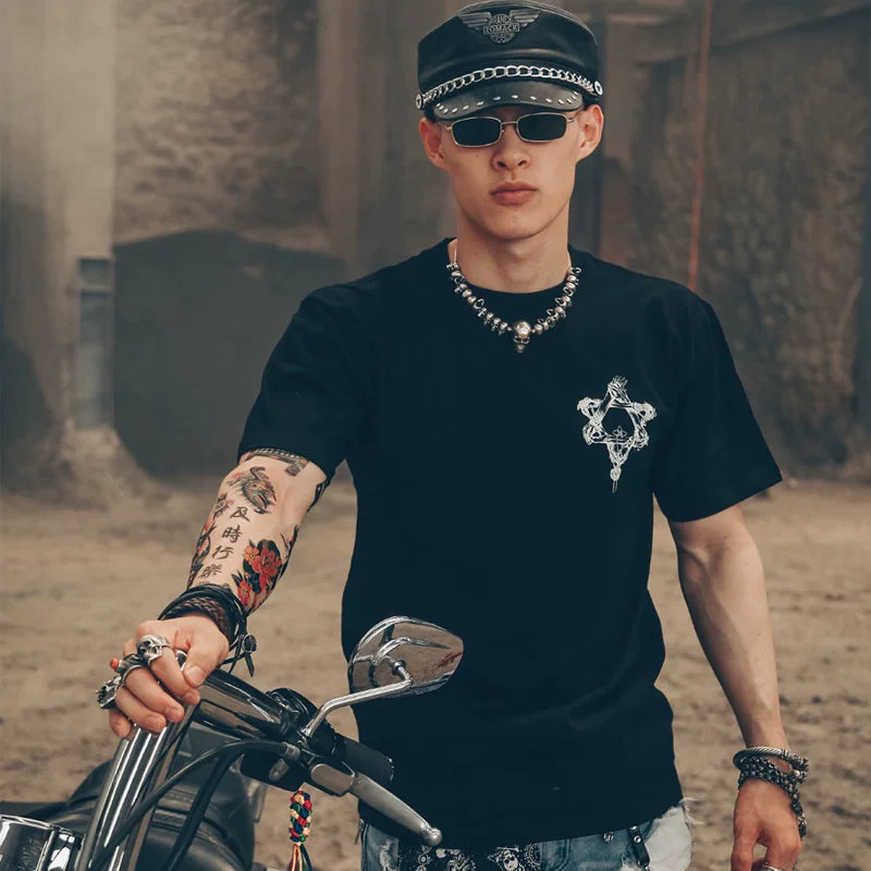 Pioneer Dark Designer High Street Rock Tattoo Hairstylist Tattoo Skeleton Rock Pentagram Short Sleeve T-shirt Male