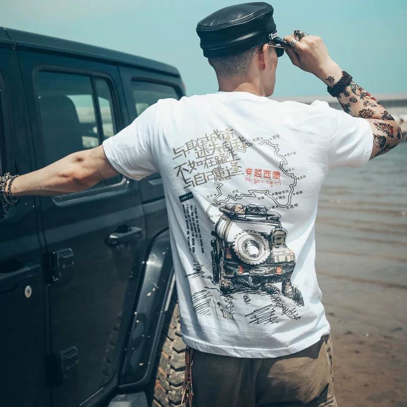European American punk fashion brand men's short sleeved t-shirt street loose cross-country four-wheel drive self driving Xizang outdoor jeep overbearing
