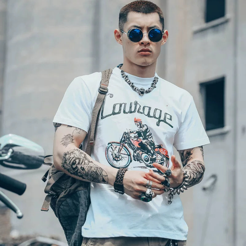 Hand drawn European and American motorcycle racing, mobile phone car printing pattern, pure cotton trendy short sleeved T-shirt, off-road riding MOTO