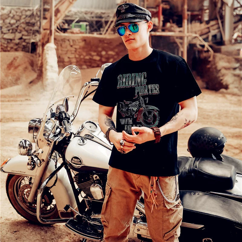 Heavy duty pure cotton American retro short sleeved Tee men's MotorRock motorcycle party trendy short sleeved plain clothes loose T-shirt
