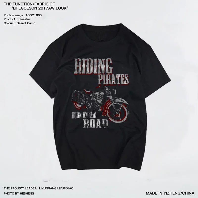 Heavy duty pure cotton American retro short sleeved Tee men's MotorRock motorcycle party trendy short sleeved plain clothes loose T-shirt