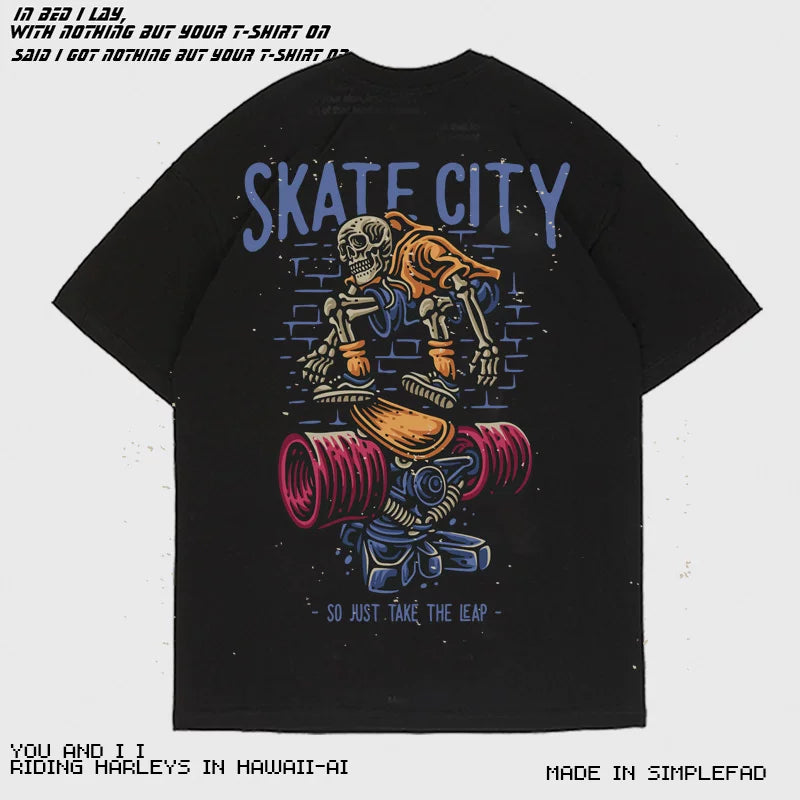 American Retro Hiphop Dark High Street Skeleton Skateboarding Short Sleeve T-shirt Summer Hip Hop Thin Ice Cool Ice Silk Cotton