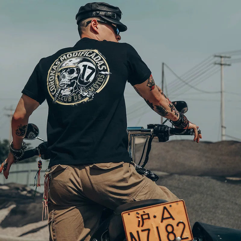 American retro short sleeved T-shirt for men, Amikaji motorcycle, heavyweight men, skull, heavy metal rock