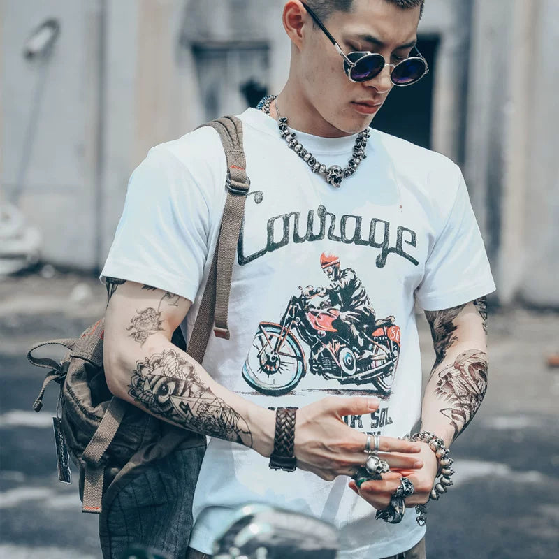 Hand drawn European and American motorcycle racing, mobile phone car printing pattern, pure cotton trendy short sleeved T-shirt, off-road riding MOTO
