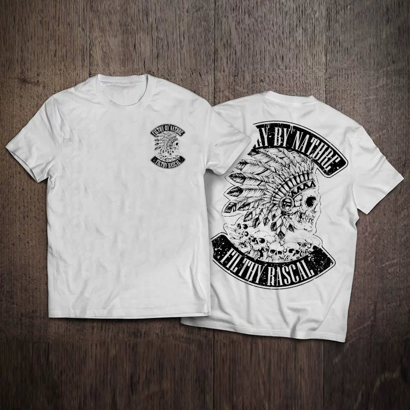 American retro Amis khaki style Western cowboy Indian skeleton motorcycle men's short sleeved T-shirt Heavy duty thick pure cotton