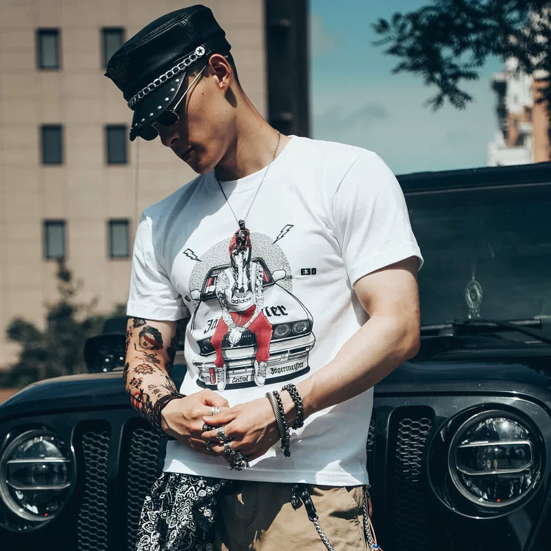 European and American style tattoos, tattooed arms, flower arms, motorcycle, teenage racing, short sleeved T-shirts, men's and women's retro Amis khaki trend
