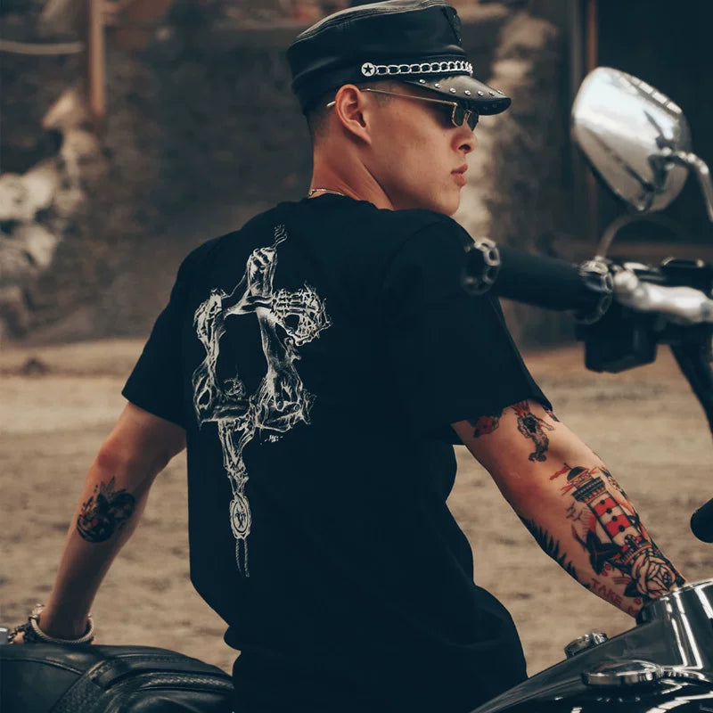 Pioneer Dark Designer High Street Rock Tattoo Hairstylist Tattoo Skeleton Rock Pentagram Short Sleeve T-shirt Male