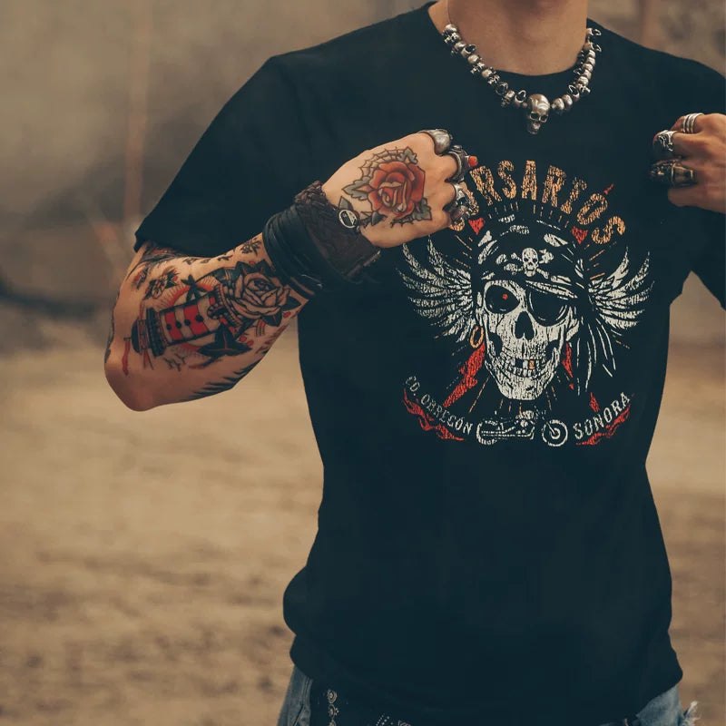 European and American original street retro vintage washed short sleeved T-shirt with personalized crack pattern skull pirate ship print