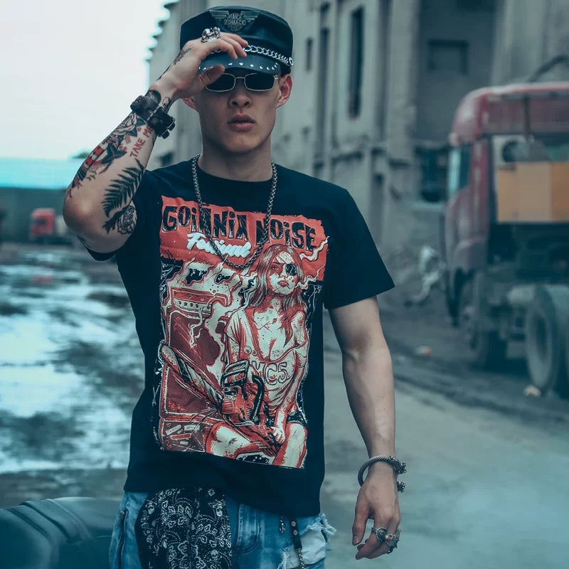 American Hardcore Punk Personality Muscle Fitness Male Female Dark Rock Amikaji Short sleeved T-shirt Male TEE