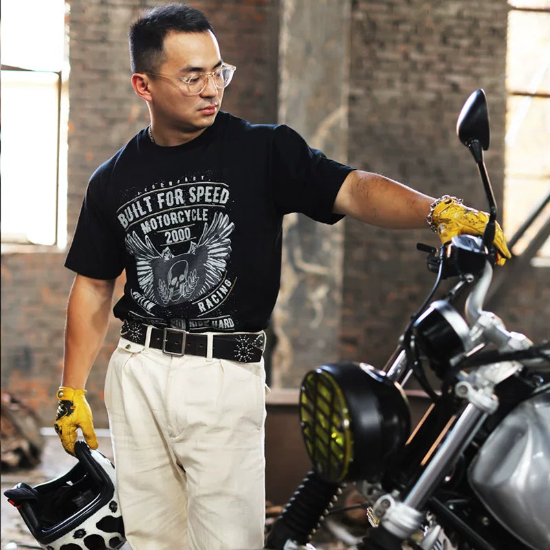Japanese tough guy motorcycle demon wings printed short sleeved men's t-shirt ins European and American retro trendy brand rock cotton half sleeve