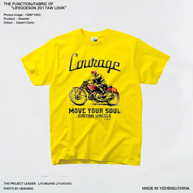 Hand drawn European and American motorcycle racing, mobile phone car printing pattern, pure cotton trendy short sleeved T-shirt, off-road riding MOTO