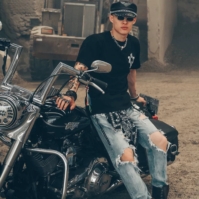 Pioneer Dark Designer High Street Rock Tattoo Hairstylist Tattoo Skeleton Rock Pentagram Short Sleeve T-shirt Male