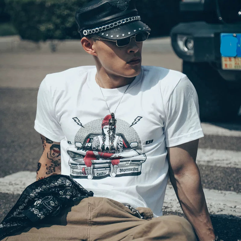 European and American style tattoos, tattooed arms, flower arms, motorcycle, teenage racing, short sleeved T-shirts, men's and women's retro Amis khaki trend