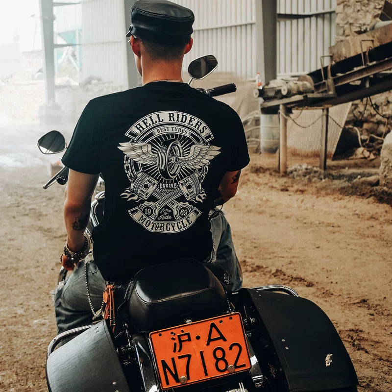 European and American trendy heavy metal rock band retro punk black short sleeved T-shirt motorcycle equipment loose print men