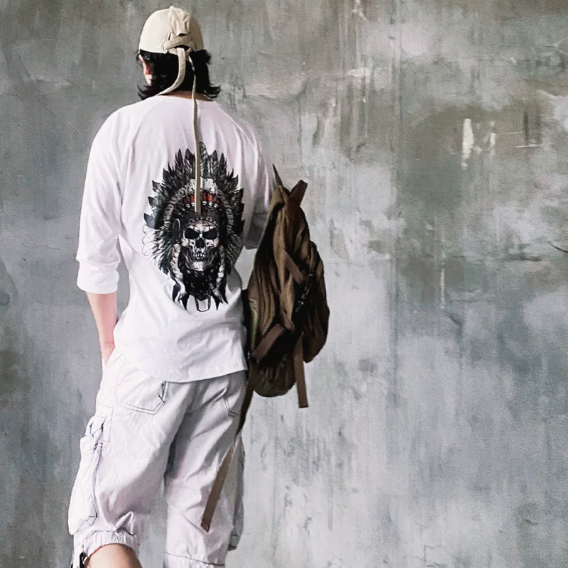Japanese retro seven quarter sleeved t-shirt with half sleeves, Ins trendy loose rock Indian skull print base top