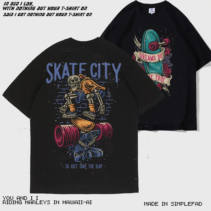 American Retro Hiphop Dark High Street Skeleton Skateboarding Short Sleeve T-shirt Summer Hip Hop Thin Ice Cool Ice Silk Cotton