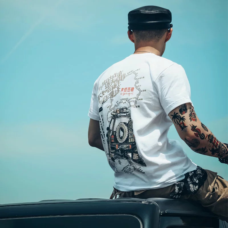European American punk fashion brand men's short sleeved t-shirt street loose cross-country four-wheel drive self driving Xizang outdoor jeep overbearing