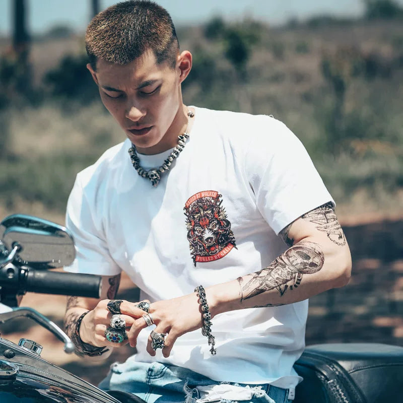 European and American Heavy Motorcycle T-shirt Men's Retro Rock Band Punk Short sleeved Motorcycle Club Wolf Totem Back Pattern