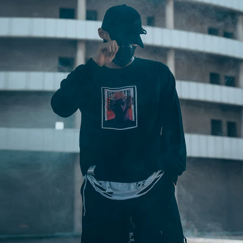 European and American trendy round neck hoodie, dark rock, skull punk, retro cyberpunk style, men's velvet print, vintage