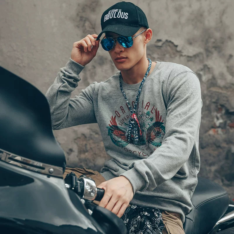 American retro vintage washed Amikaji printed motorcycle hoodie, Japanese vintage men's round neck trendy brand fur loop
