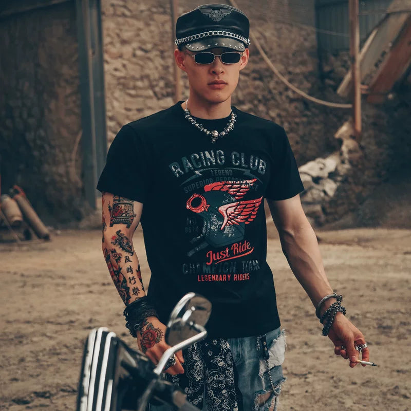 American style free and unrestrained heavy motorcycle t-shirt, tough guy skeleton rider, metal rock, Amikaji short sleeved shirt