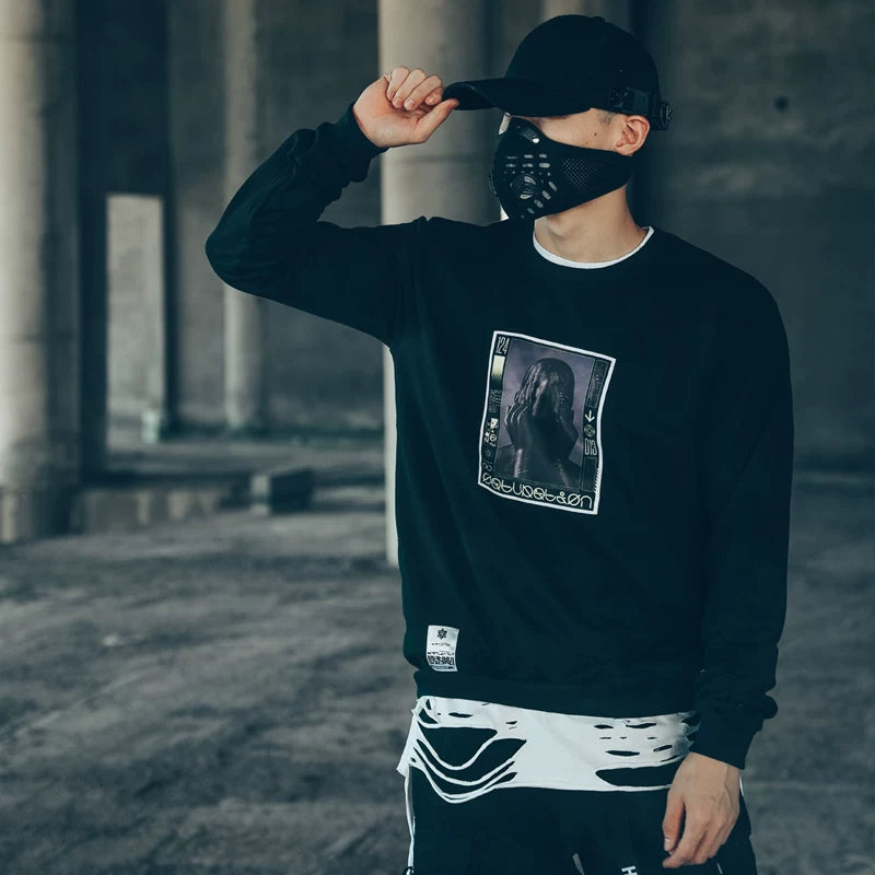 Dark High Street European and American style personalized trendy brand round neck sweatshirt for men, Harajuku style functional style cyberpunk style print