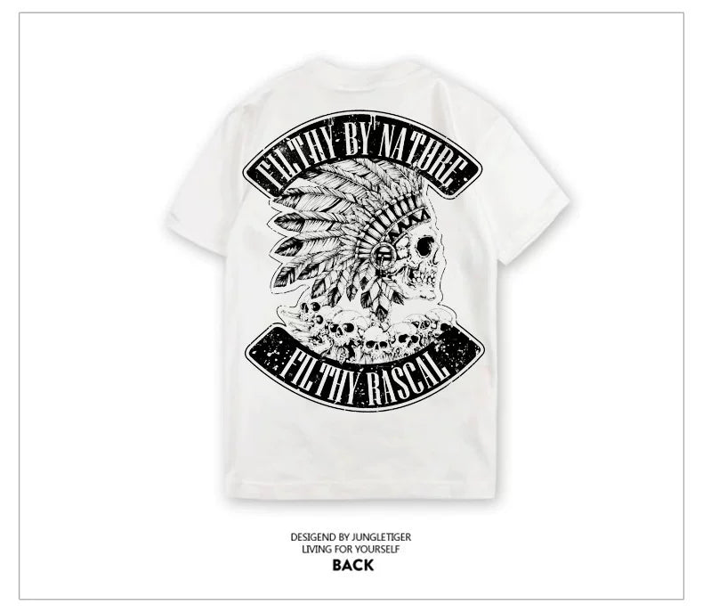American retro Amis khaki style Western cowboy Indian skeleton motorcycle men's short sleeved T-shirt Heavy duty thick pure cotton