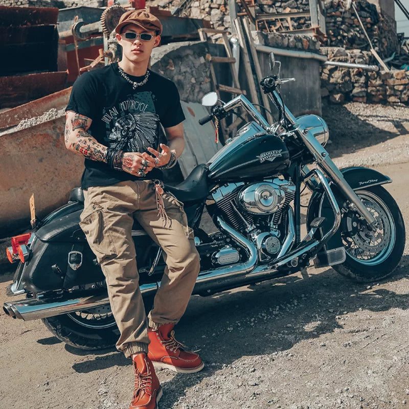 American American, European and American Indian fashion brand short sleeved trendy men's T-shirt pure cotton motorcycle motorcycle punk skull rock