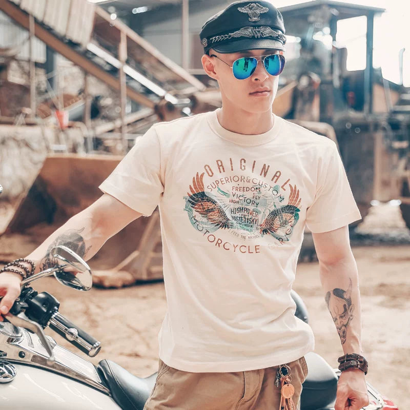 European and American trendy short sleeved West Coast street retro Amikaji motorcycle Western denim T-shirt skull print for men