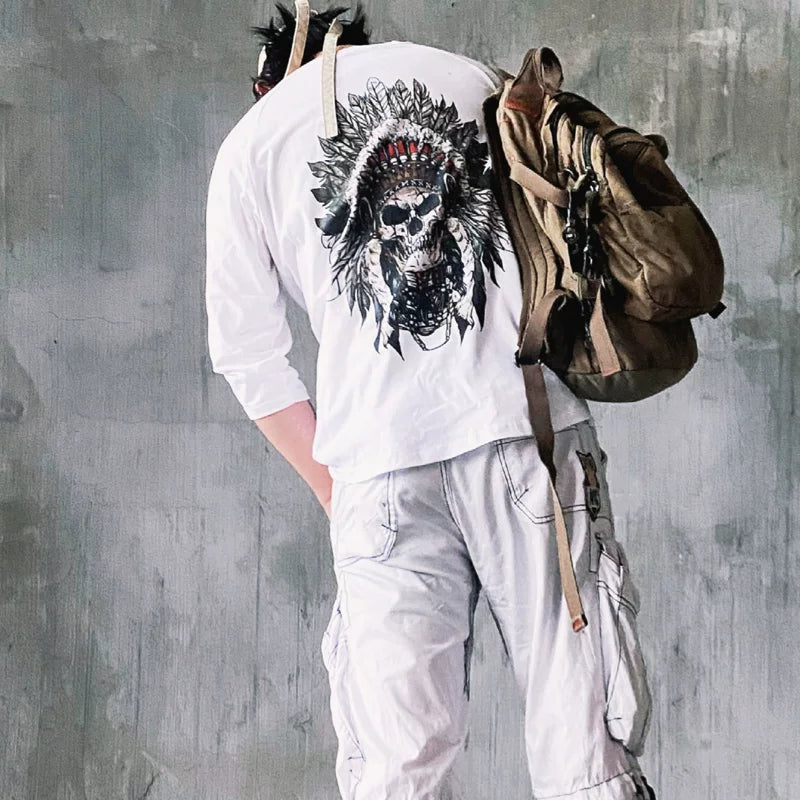 Japanese retro seven quarter sleeved t-shirt with half sleeves, Ins trendy loose rock Indian skull print base top