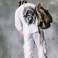 Japanese retro seven quarter sleeved t-shirt with half sleeves, Ins trendy loose rock Indian skull print base top
